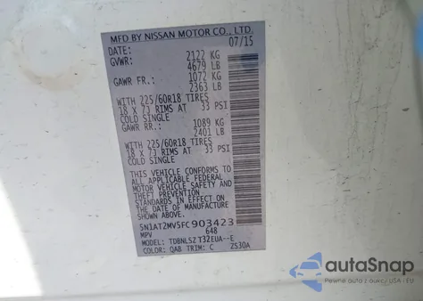 2015 Nissan Rogue Sl from USA, damaged, VIN 5N1AT2MV5FC903423
